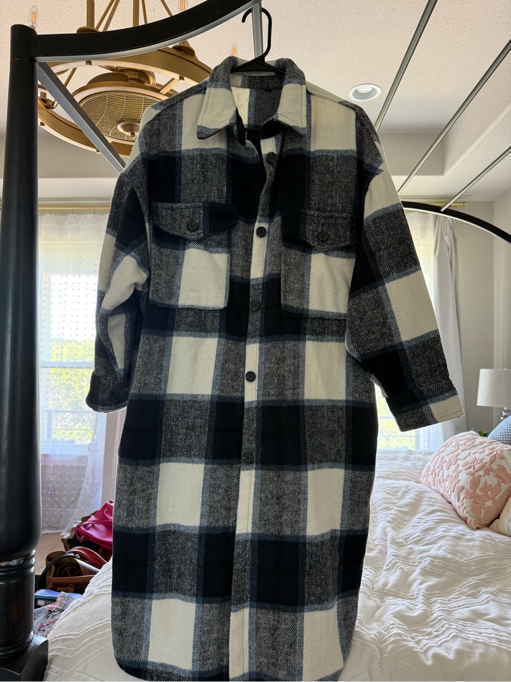 Black & White Plaid Long Shacket Coat